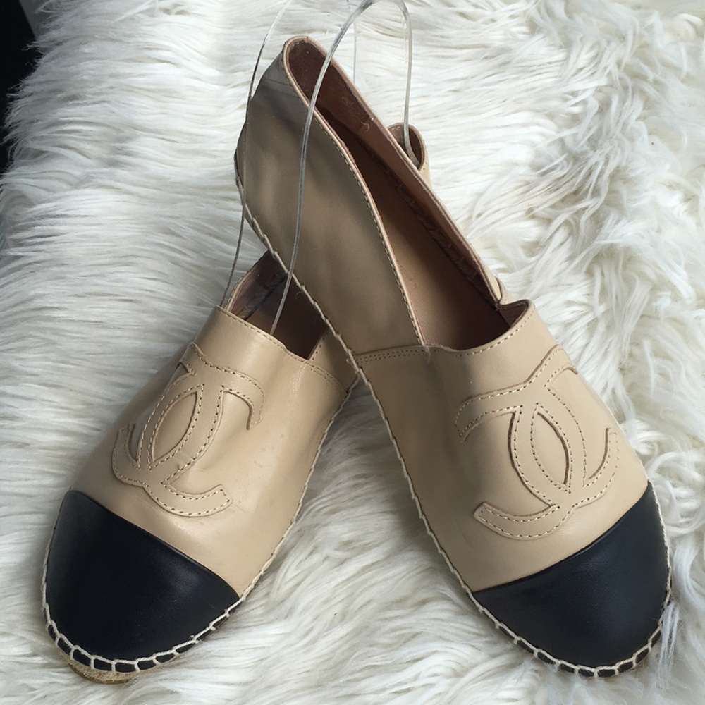 Authentic Chanel Beige/Black Lambskin Espadrilles